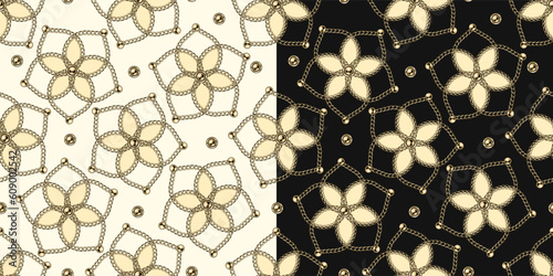 Set of patterns with japan style flowers. Flower shaped geometric forms with realistic gold chains, beads. Vector illustration in vintage style