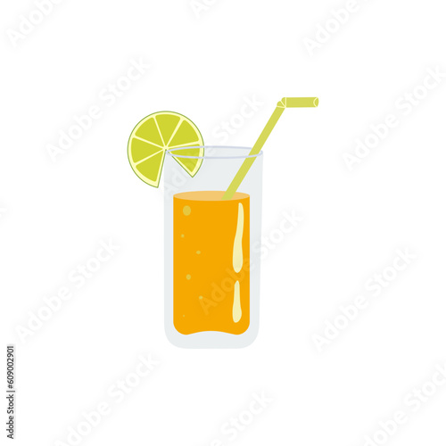 Graphic vector image of orange juice in a glass with a straw.