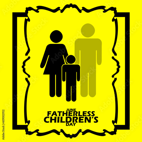Icon symbol of a mother with a child and a father in faded colors due to the figure being absent with frame and bold text on yellow background to commemorate National Fatherless Children’s Day on June