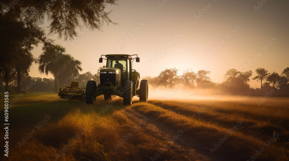 serene beauty of a sunset on a plantation field as a tractor sprays pesticides, ensuring the health and vitality of the crops, serene beauty of a sunset on a plantation field as a tractor sprays pesti