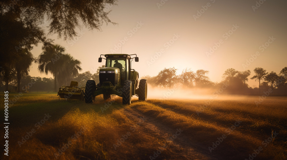 Fototapeta premium serene beauty of a sunset on a plantation field as a tractor sprays pesticides, ensuring the health and vitality of the crops, serene beauty of a sunset on a plantation field as a tractor sprays pesti