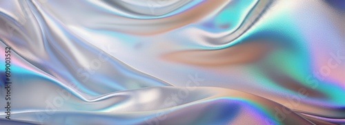 Silk shiny white fabric texture banner in pastel iridescent holographic colors. Abstract texture horizontal copy space background. 3d render Generative AI