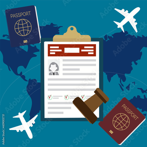 Illustrations for obtaining a visa with documents and a world map on the background