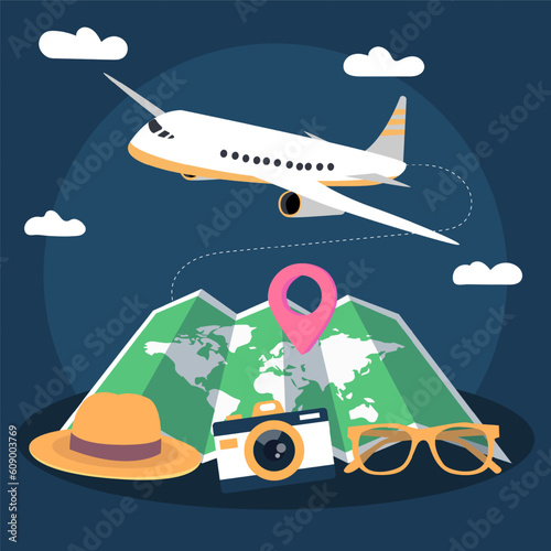 Flat illustration of an airplane with a map and things to travel