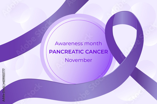 Illustration in a round frame of the month of pancreatitis disease in purple tones with a long ribbon