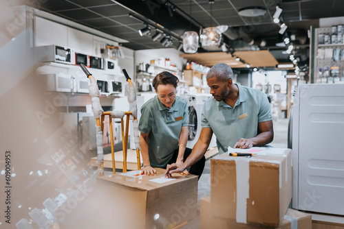 Multiracial male and female colleagues discussing over box while working in electronics store photo