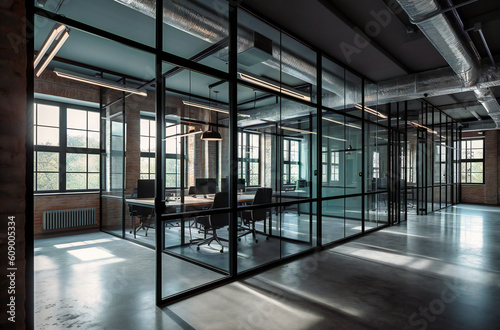 an empty working office with heavy glass doors