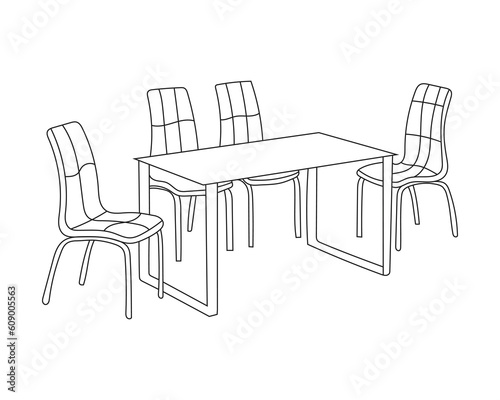 Doodle sketch of Chairs and Table set. Line drawing Dining set with white background