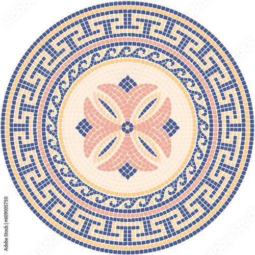 Mosaic circular ornament in Roman style in blue, pink and yellow colors. For ceramics, tiles, ornaments, backgrounds and other projects.