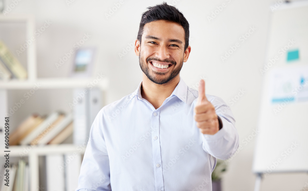 Thank you, portrait of businessman with thumbs up and in office happy at his modern workplace. Success or achievement, motivation and cheerful male person with a hand emoji for support or deal Thank you, portrait of businessman with thumbs up and in office happy at his modern workplace. Success or achievement, motivation and cheerful male person with a hand emoji for support or deal