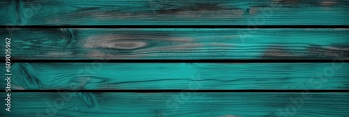 Top view of decorative rustic turquoise wooden background with horizontal planks. Shabby wood teal or turquoise green painted. Vintage beach backdrop Generative AI