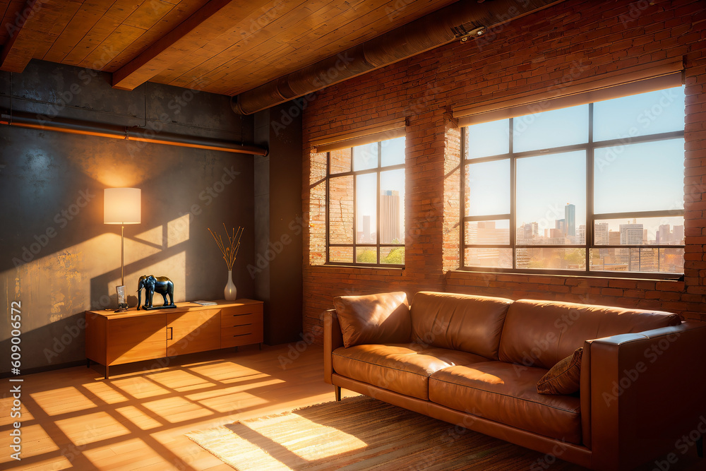 Modern, industrial style loft living room with leather sofa. Generative AI. Modern, industrial style loft living room with leather sofa. Generative AI.