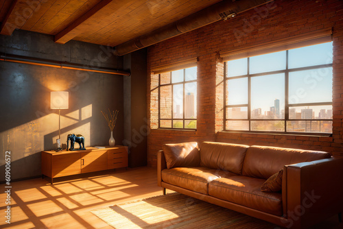 Modern, industrial style loft living room with leather sofa. Generative AI. © Heidi Dawson
