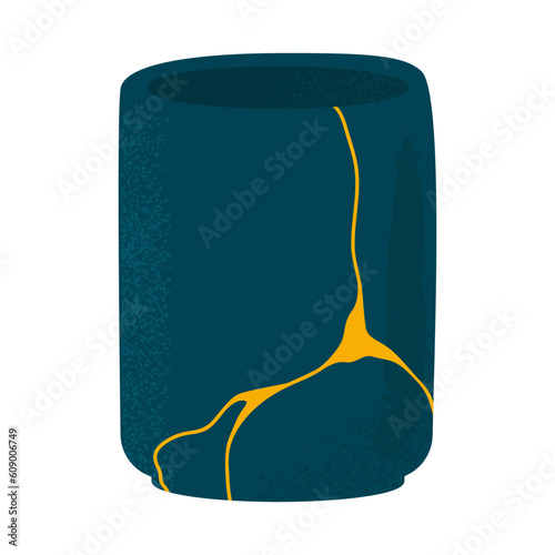 Vector illustration of Kintsugi ceramics. Dishes made in oriental technique with golden lines. Restored antique tableware. Isolated design on a white background.