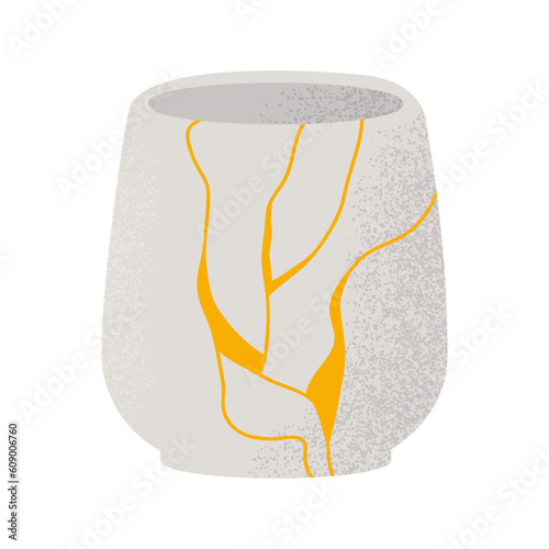 Vector illustration of Kintsugi ceramics. Dishes made in oriental technique with golden lines. Restored antique tableware. Isolated design on a white background.