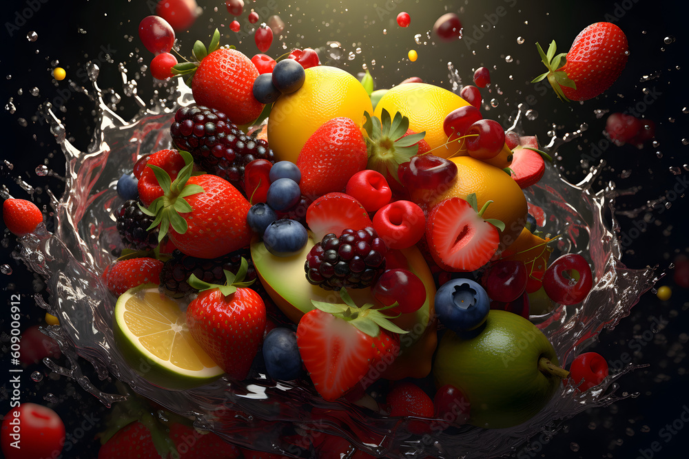 A fruit splash on a dark isolated background. A fruit splash on a dark isolated background.