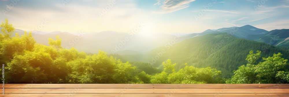 Wooden table terrace with backdrop garden plantation against the sky and the mountains background. Product photo display. Photomontage composition Generative AI Wooden table terrace with backdrop garden plantation against the sky and the mountains background. Product photo display. Photomontage composition Generative AI