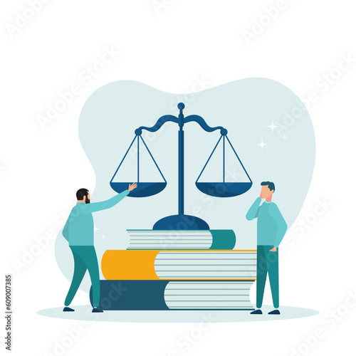 Scenes of law and justice Legal advice concept. Flat cartoon vector illustration. The guy and the guy on the background of books and scales of justice.
