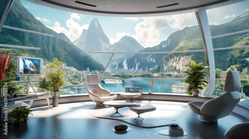 Generative ai illustration of sci-fi futuristic interior design with large windows