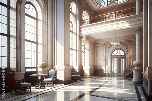 a hotel  with grand entrance and marble flooring  featuring tall windows overlooking the city  created with generative ai