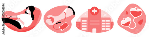 A set of illustrations on the topic of blood donation. Donate blood, save a life. June 14th. Blood type. World Blood Donor Day. Vector illustration