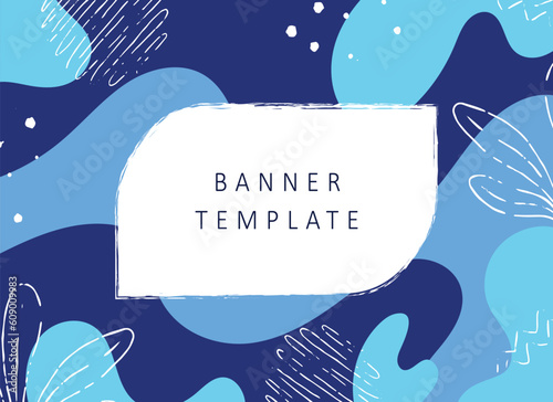 Abstract modern background, blue banner template with smooth waves and handdrawn elements. Suitable for beauty design
