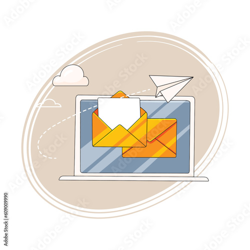 Notebook with envelopes. The concept of newsletters. Computer screen with an open newsletter