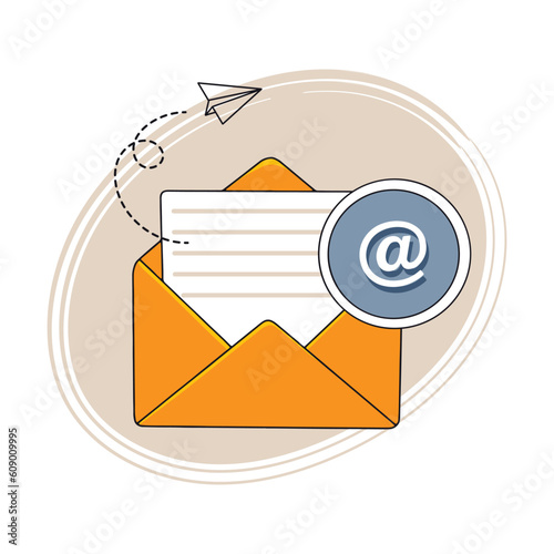 Concept Newsletter. An open envelope with a piece of paper and an email icon.