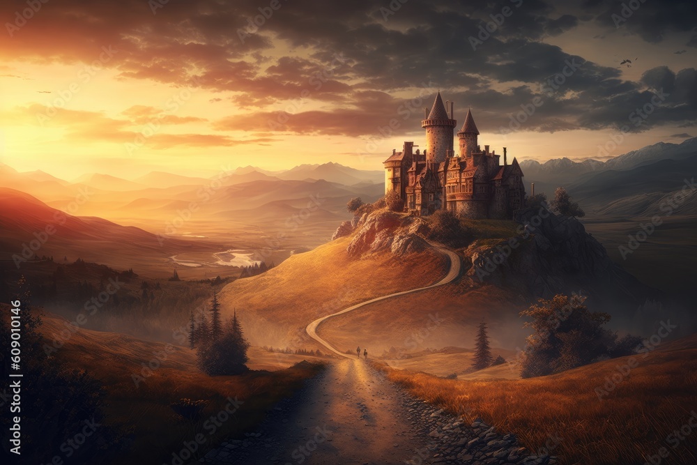 majestic castle surrounded by rolling hills and sunset in the distance, created with generative ai