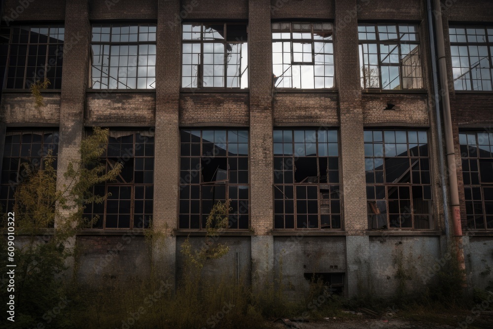 abandoned factory with broken windows and rusted metal, dating back to the turn of the century, created with generative ai abandoned factory with broken windows and rusted metal, dating back to the turn of the century, created with generative ai