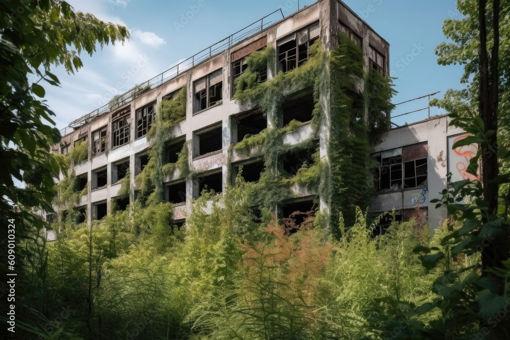abandoned factory with broken windows and overgrown vegetation, in the urban landscape of modern city, created with generative ai abandoned factory with broken windows and overgrown vegetation, in the urban landscape of modern city, created with generative ai