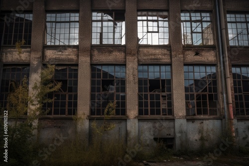 abandoned factory with broken windows and rusted metal, dating back to the turn of the century, created with generative ai