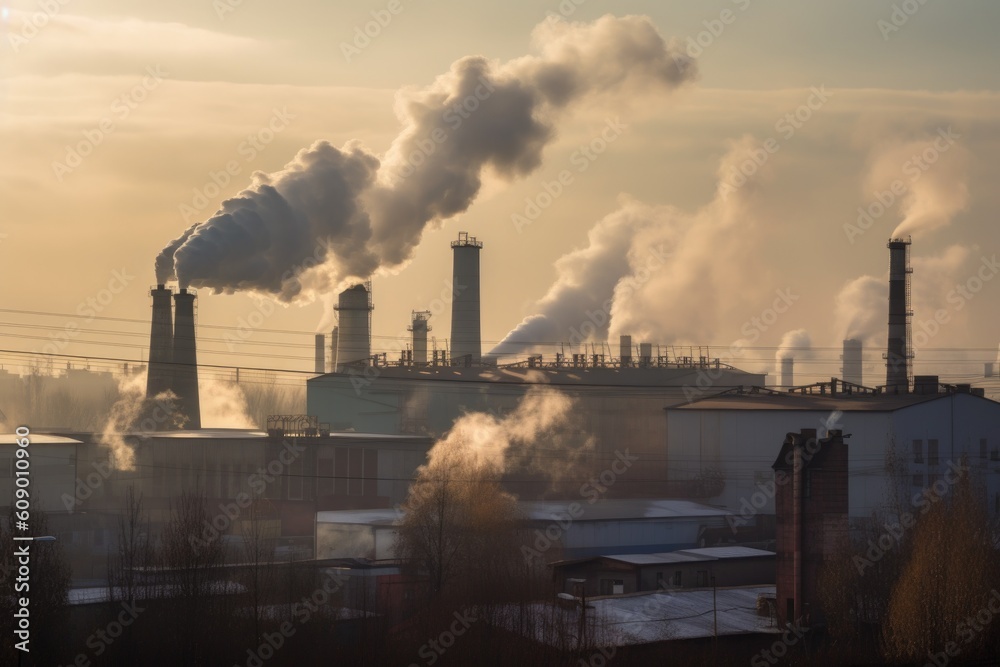 a factory, with smoke and toxic fumes billowing from its chimneys, created with generative ai