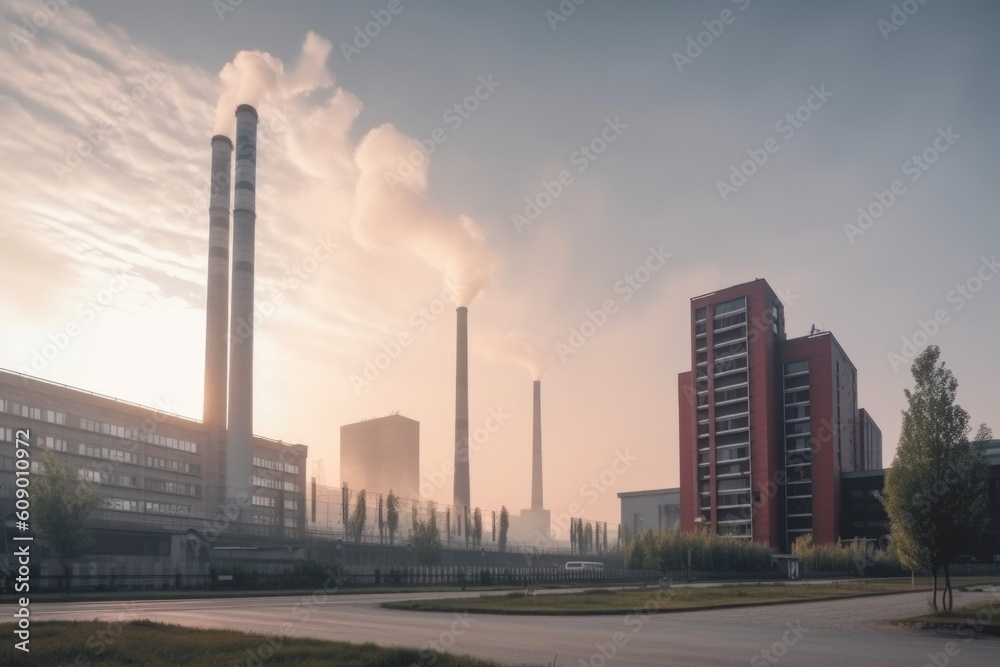 heavy smokestacks releasing pollution into the air in industrial park, created with generative ai