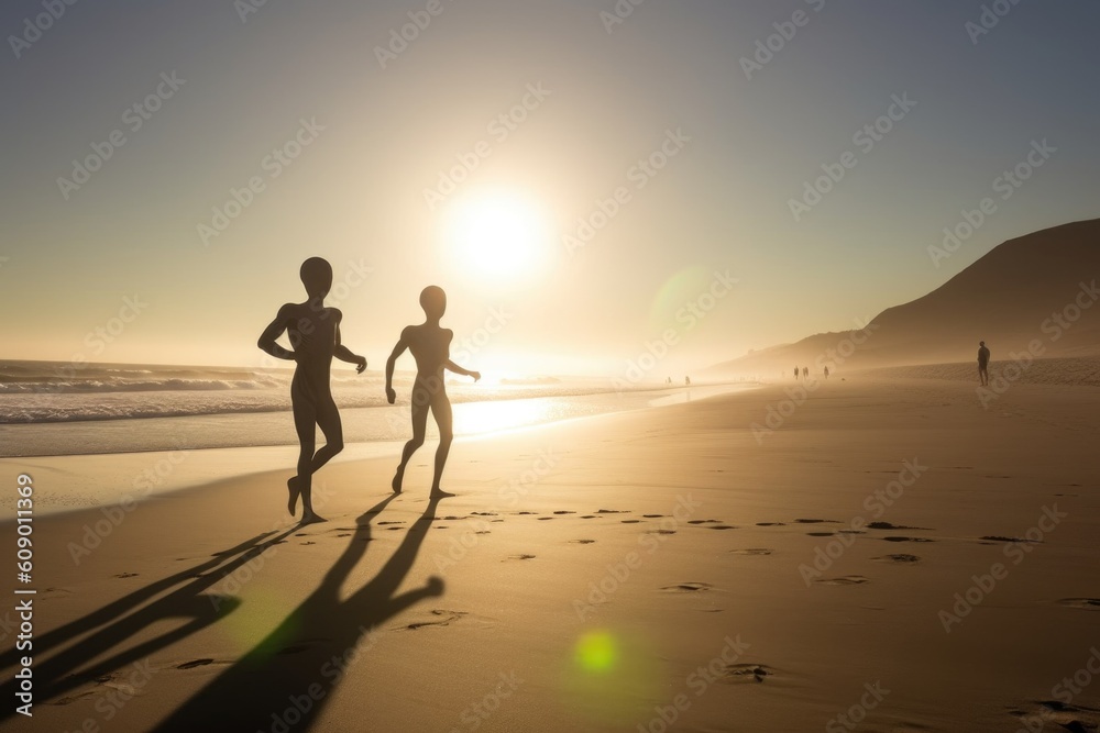Fototapeta premium alien athletes jogging on sun-drenched beach, created with generative ai