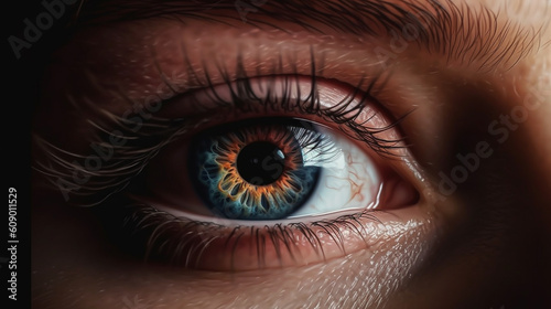A close up of a blue eye with the word eye on it.generative ai