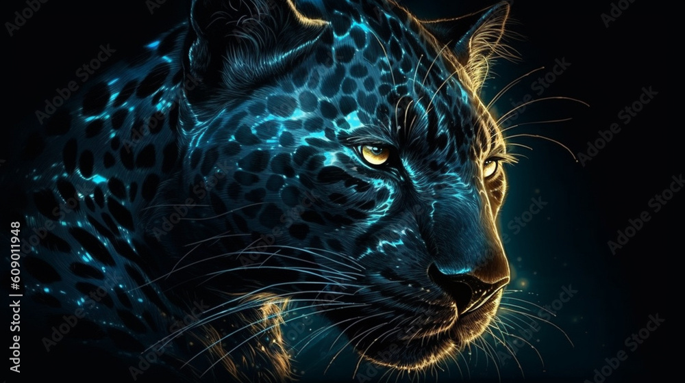 A black panther with blue eyes is shown in this illustration.generative ai