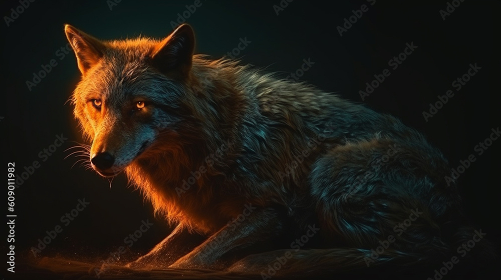 Fototapeta premium A wolf with a glowing face sits on a black background.generative ai