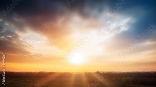 Panorama of dramatic sunset sky with a sunbeams, Generative AI © Harvinder