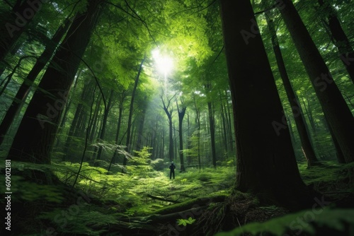 alien explores lush green forest  with trees towering overhead  created with generative ai