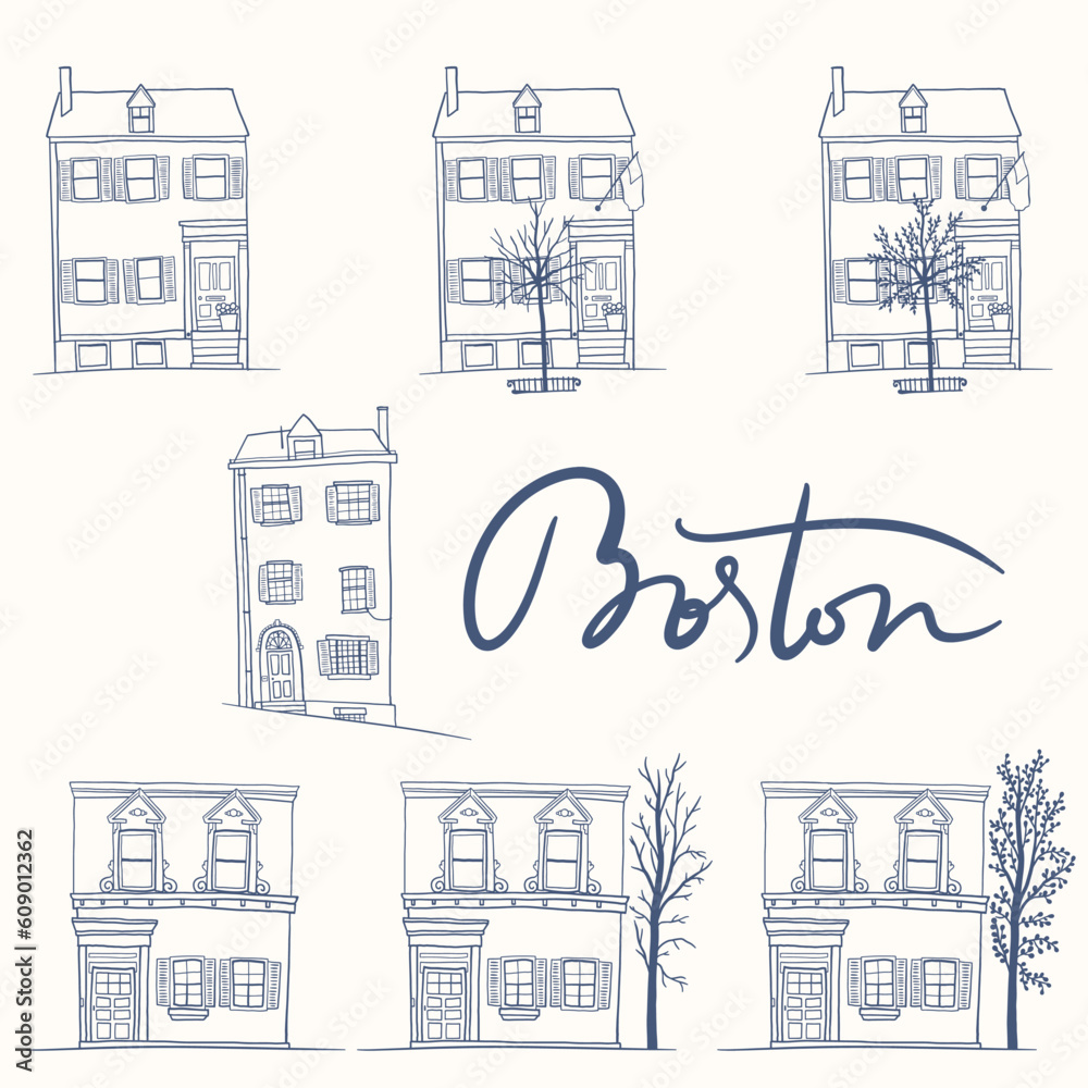 Boston city line art lettering house. Small hand drawn home. Fine postcard, poster and illustration