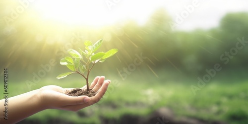 hands holding  tree over blurred nature background, Generative AI