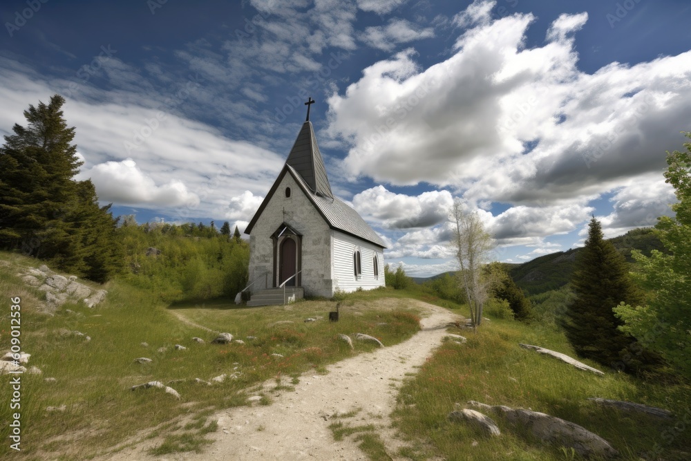 serene mountain chapel with clear blue skies and fluffy clouds overhead, created with generative ai