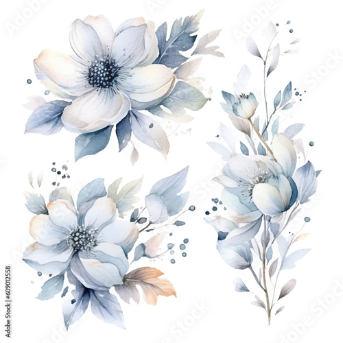 Set of floral watecolor silver and grey. flowers and leaves. Floral poster, invitation floral. Vector arrangements for greeting card or invitation design	