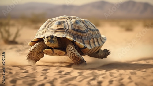 A turtle in the desert with dust flying around it.generative ai