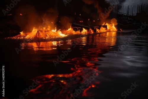 chemical waste spill, with red and orange flames blazing on the water's surface, created with generative ai