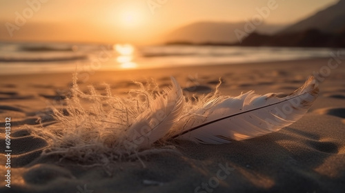 A close up of feathers on a beach at sunset.generative ai