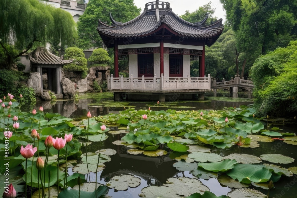 peaceful china pagoda garden with blooming lotus flowers and babbling brook, created with generative ai peaceful china pagoda garden with blooming lotus flowers and babbling brook, created with generative ai