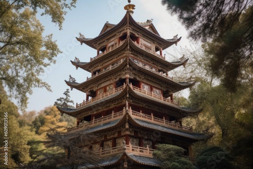 close-up of china pagoda, with intricate details visible, created with generative ai