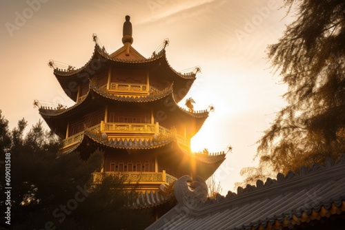 reflection of the shining sun on the gold roof of china pagoda, created with generative ai